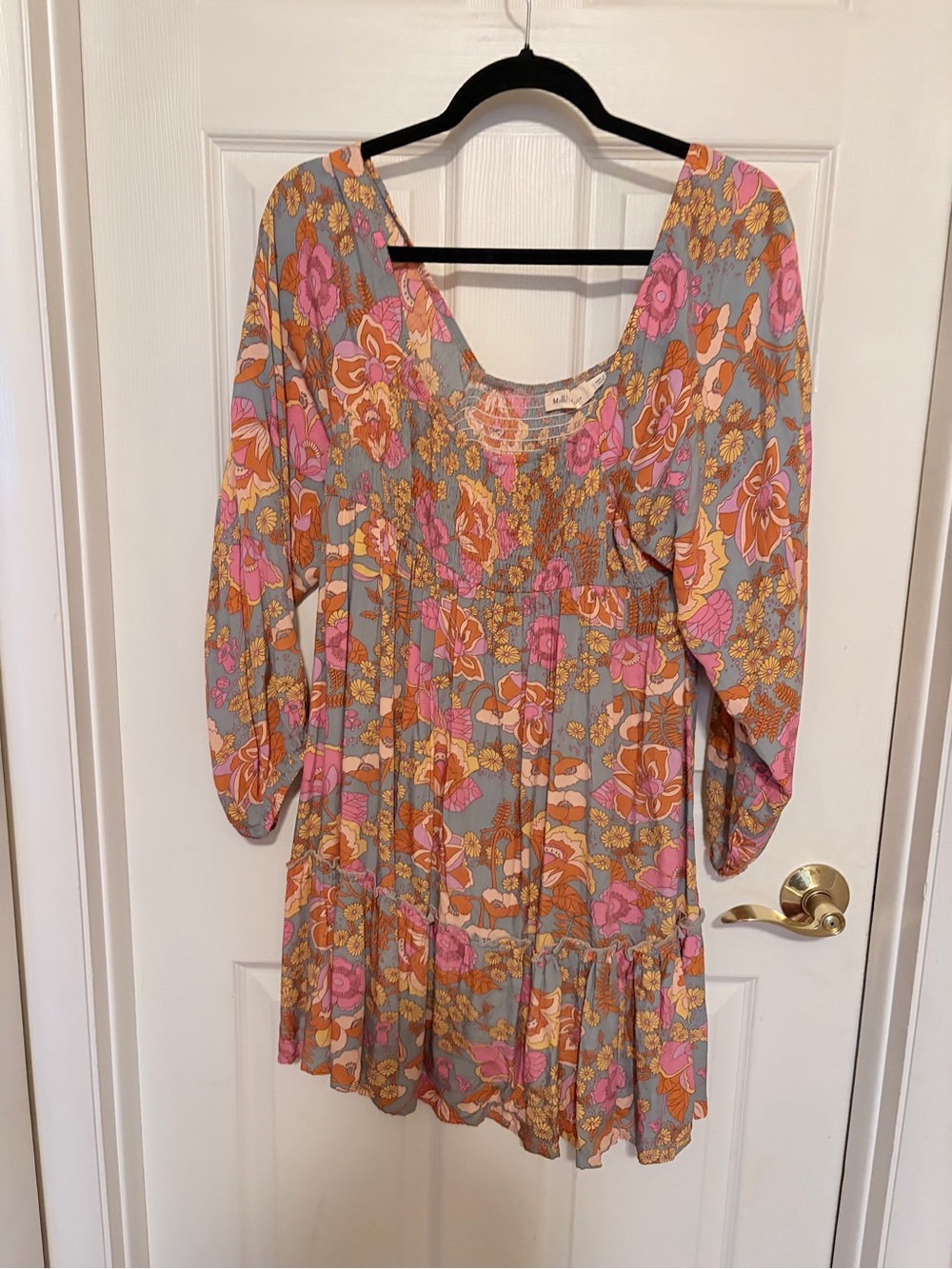 Millibon Floral Boho Smocked Front & Back Dress in Turquoise, Pink & Yellow.